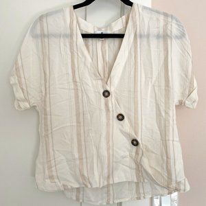 Socialite V-Neck Short Sleeve Top Cream/Tan Diagonal Front Striped Size S